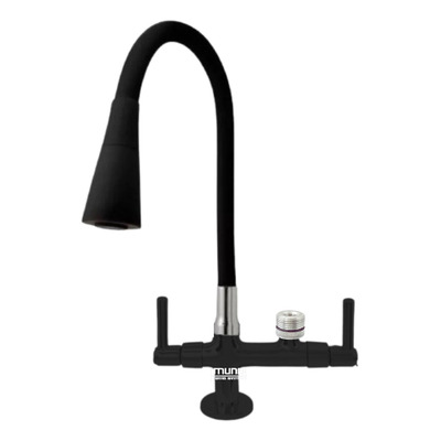 2142 Torneira Gourmet Bica Móvel Para Bancada Pia Mesa Cozinha Com Tubo Preto Flexível Giratório Cone Com Arejador Dois Tipos De Jato E Saída Para Filtros 1/4 Ou Purificadores 1/2