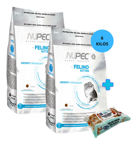 2 Costales Nupec Felino Kitten 3kg + Toallitas Húmedas