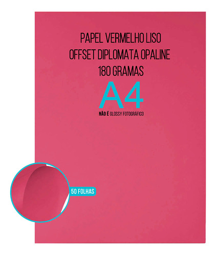 Papel Vermelho 180g A4 Opaline Diplomata Offset Liso 50 Fls