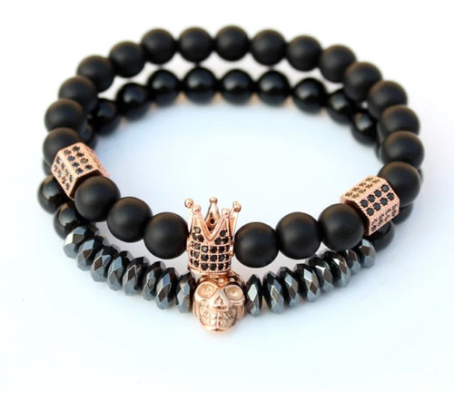 Duo Pulsera Unisex Cráneo Y Corona Acero Y Piedra Natural