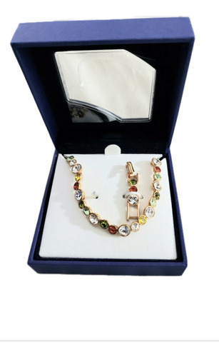 Pulsera Brazalete Swarovski Gema Multicolor Tono Oro 18 Cm