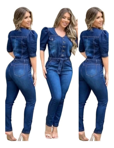 Macacão Longo Macaquinho Jeans Feminino  Moda Plus Size