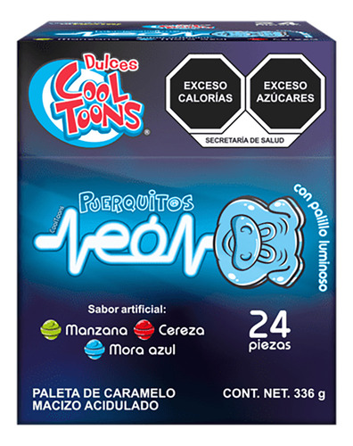 Dulces Cool Toons Puerquitos Neon Paleta Caja 24 Piezas Palito Luminoso Dulces Caramelo Macizo Sabores Mora Azul Mango Limón Sandia 336gr