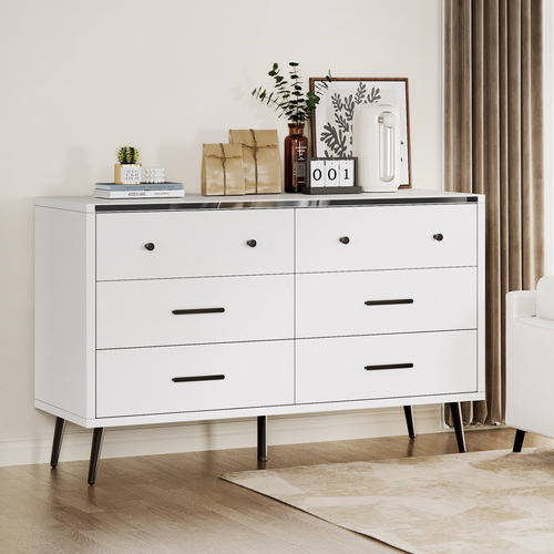 Dwvo White 6 Drawer Dresser, 47 W Large Double Dresser Ches.