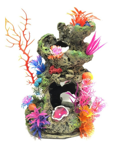 Enfeite Aquário Rocha Coral Furada Com Plantas 13x12x20cm