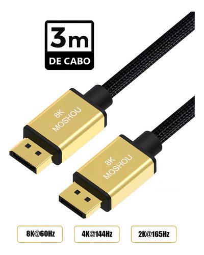 Cabo Displayport 3 Metros 1.4 8k 60hz 4k 144hz 2k 165hz 