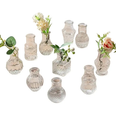 Juego 16 Mini Floreros Jarrones De Vidrio Cristal Labrado Transparente Labrado Rayas Lisa