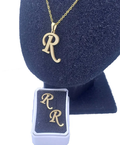 Cadena Dije Aretes Inicial R Letra R Collar Acero Inoxidable