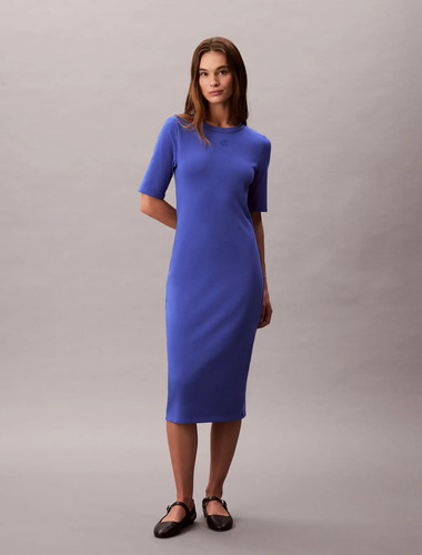 Vestido Midi Canalé Color Azul Calvin Klein De Mujer