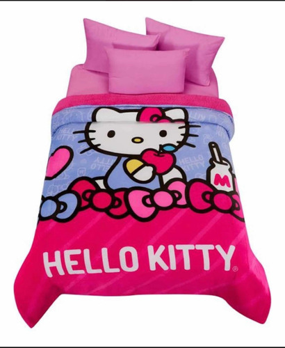 Cobertor Con Borrega Individual Hello Kitty Rosa