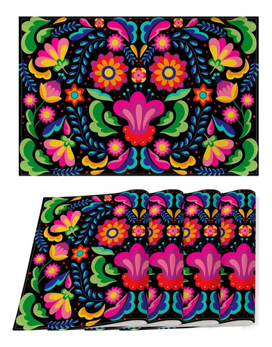 Juego De 4 Manteles Individuales Mexicanos Con Diseño Floral