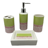 Set Baño Ceramica 4 Piezas Accesorios Dispenser Puntos Verde