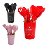 Conjunto Utensílio Cozinha Doméstico Colher Silicone Madeira