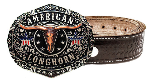 Cinto Country Couro Legitimo Fivela Cowboy American Longhorn