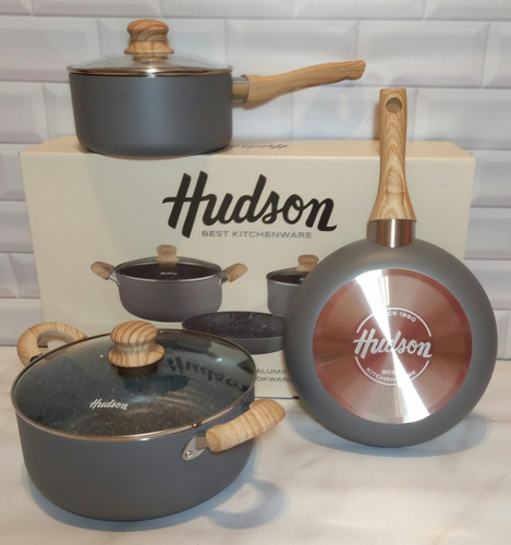 Set Olla Cacerola Sarten Hudson Revestida Ceramica Granito