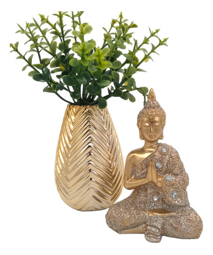Estatueta Buda Resina E Vaso Com Planta Artificial Decoração