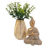 Estatueta Buda Resina E Vaso Com Planta Artificial Decoração