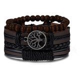 Pulsera Cuero Piel Árbol De La Vida Hombre Mujer Unisex Set