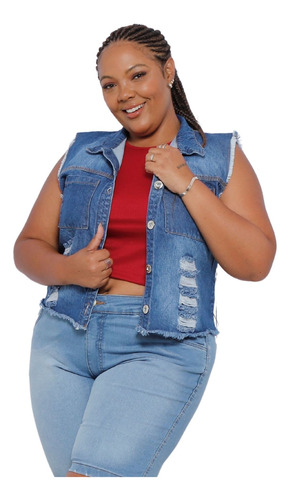 Colete Jeans Desfiado Plus Size