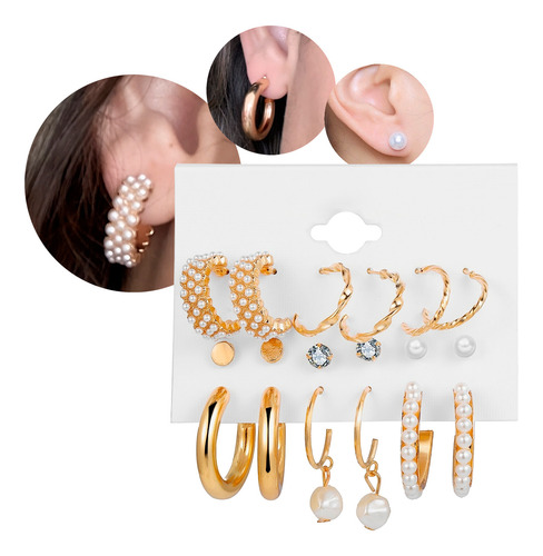 Set 9 Pares De Aros Zarcillos Aretes Dorados Y Perlas Mujer