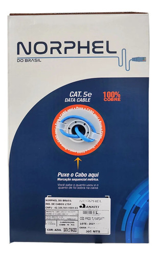 Cx Cabo Norphel Cat5e 100% Cobre Homologado Anatel 305m Azul