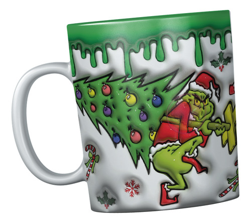 Taza Grinc Navideña 3d Diseño Inflado Grinc Robandose Pino