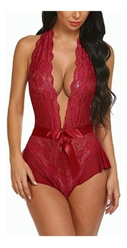 Lencería Sexy Para Mujer Body De Encaje Cuello En V Negligee