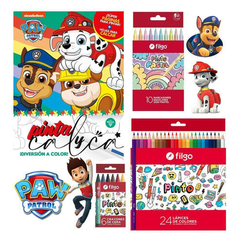 Libro Pinta Y Calca Paw Patrol + Lápices + Crayon + Marcador