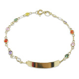 Pulseira Infantil Pedras Redondas Com Chapa Em Ouro 18k