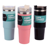 Copo Térmico De Aço Inox 600ml Com Canudo E Tampa Colors Liso