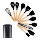 Kit C/12 Utensílios De Cozinha Silicone Cabo Madeira Pratico