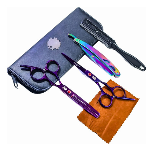 Tijeras Moradas De Barberia Y Kit 8 Piezas Cortar Cabello