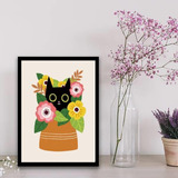 Quadro Gatinho Com Vaso De Flores 33x24cm Moldura Preta