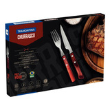 Jogo De Talheres Jumbo Churrasco Com Lâminas Em Aço Inox E Cabos De Madeira Polywood Vermelho 12 Peças Tramontina