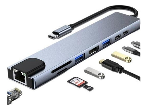 Hub Tipo C, Adaptador Usb C A Hdmi 8 En 1 Con Ethernet