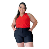 Short Plus Size Feminino Bermuda Cintura Alta Bengaline