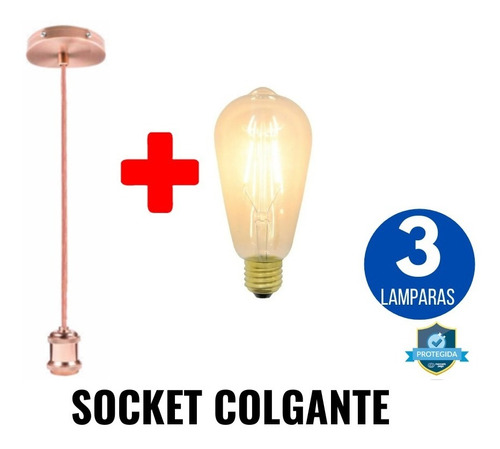 3 Lampara Colgante Vintage 4w 3 Pza Socket Y 3 Foco Edisson 