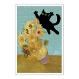 Cuadro De Gato Negro Divertido Con Girasoles, Arte Vintage P