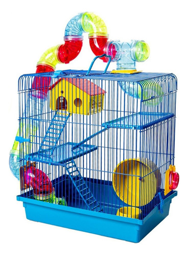 Gaiola Hamster Com Casa Grande Completa 3 Andares Tubo Azul