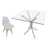 Mesa Vidro Quadrado 90cm Base Ana + 1 Cadeira Eiffel Bgc