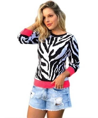 Blusa Tricot Zebra Animal Print Punhos Neon Inverno 2019