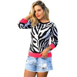 Blusa Tricot Zebra Animal Print Punhos Neon Inverno 2019