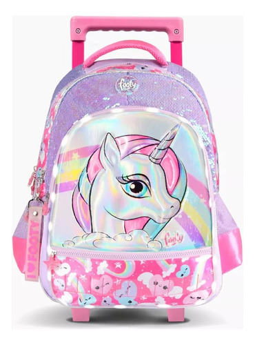 Mochila Carro 18 PuLG Unicornio Footy C/ Luz Led Lentejuelas Color F2101 Violeta