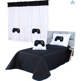 Kit Colcha Gamer Solteiro C/ Cortina Tapete Quarto Completo