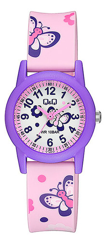 Reloj Infantil Q&q V22a-009vy Manecillas Mariposa Rosa Lila Color De La Correa Rosa Claro Color Del Bisel Morado Color Del Fondo Blanco