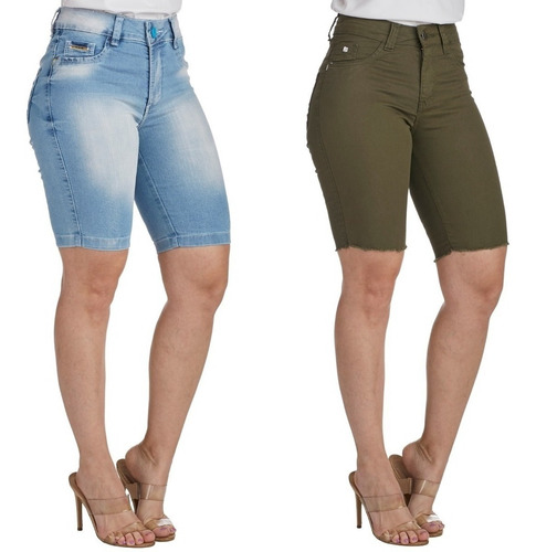 Kit 2 Shorts Jeans Feminina Cintura Alta Elastano Premium