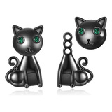 Pendientes De Gato Negro Para Mujer De Plata De Ley 925 Con 