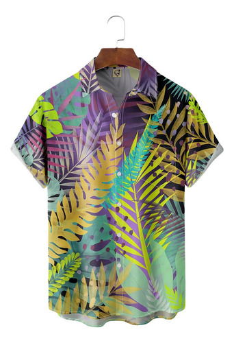 K Camisa Hawaiana Unisex Color Hojas Palma, Camisa Pl