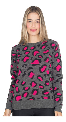 Blusa Suéter Feminino Tricot Animal Print Onça Gola Redonda