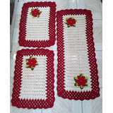 Jogo De Cozinha Em Croche Com Aplicação De Flores Vermelha 